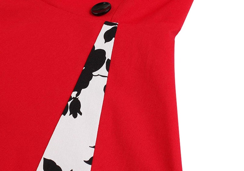 KILLREAL Women's Vintage Cocktail Floral Print Patchwork Christmas Holiday Party Dress Red Small - Image 3